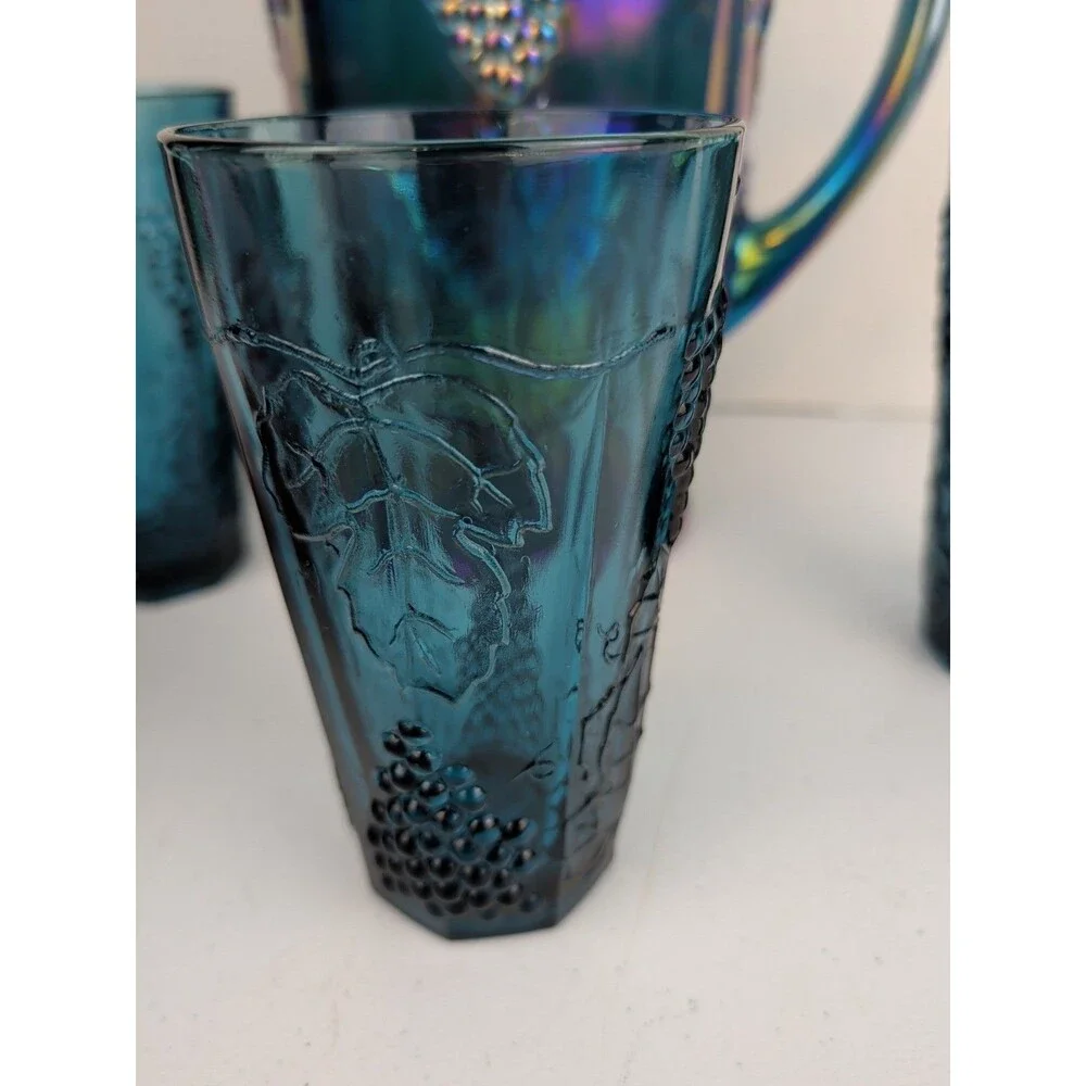 Blue Carnival Glass Harvest Grape Iridescent Pitcher & Tumblers Set 4 Piece Vtg